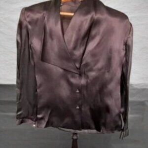 Black Satin Finish Blouse | Draped Neckline | Size M (Est.)
